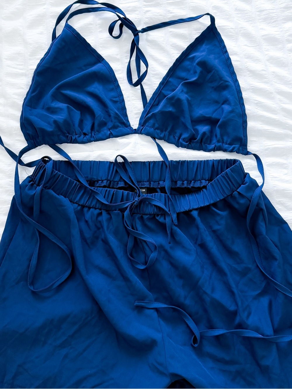Blue Silk-Look Triangle Bralette + Drawstring Pants Set